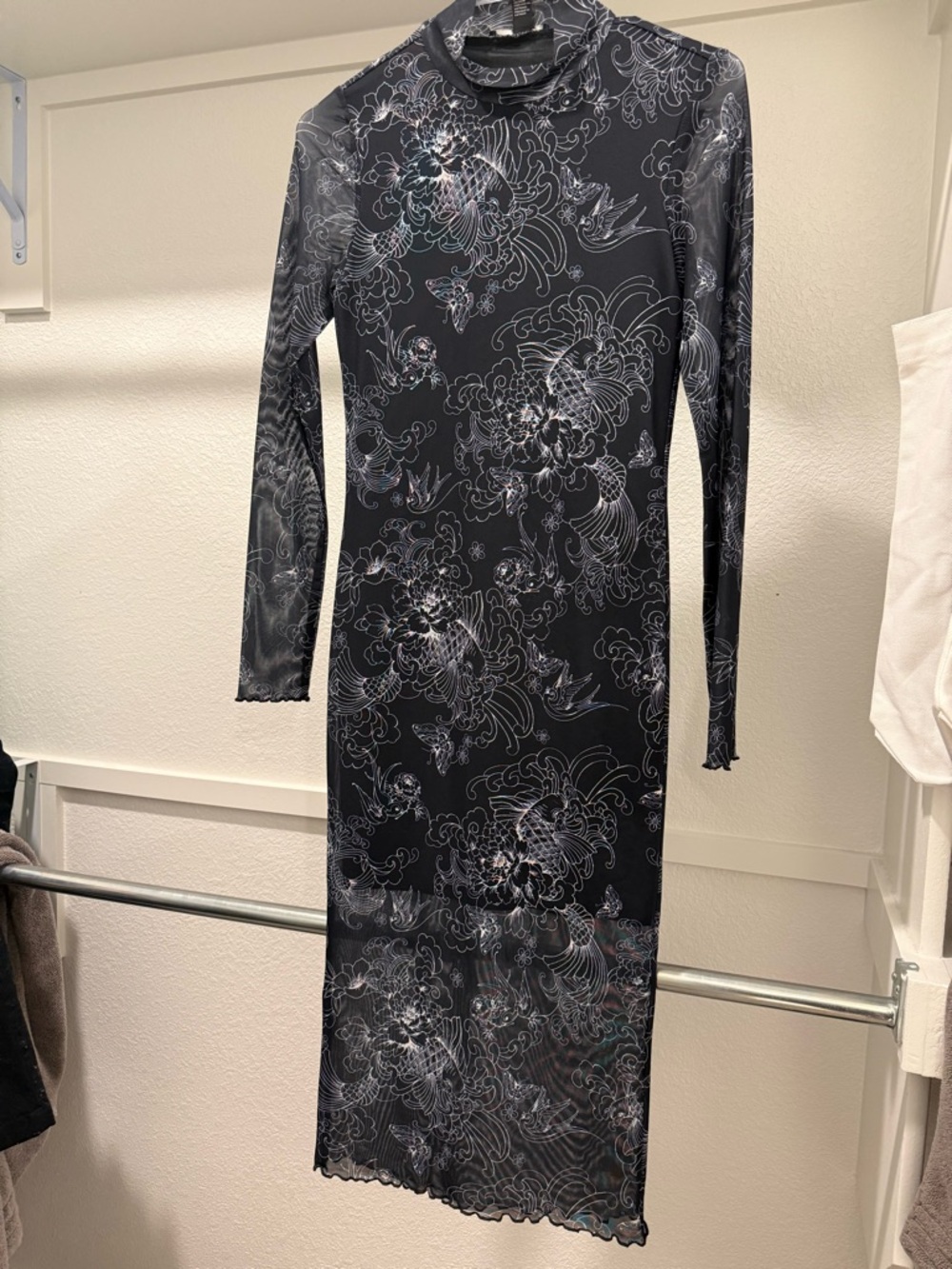 Forever 21 Black Floral-Print Long-Sleeve Mesh Midi Dress